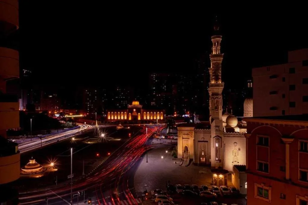 Night view of Sharjah near Sharjah Plaza Hotel